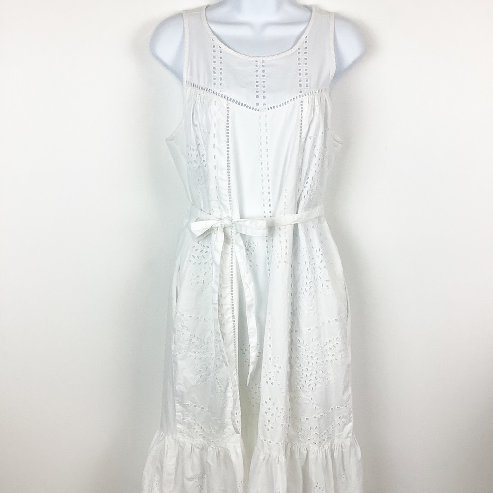 Gap Women’s White Cotton Eyelet Sleeveless Tie Waist Midi Dress Size Small